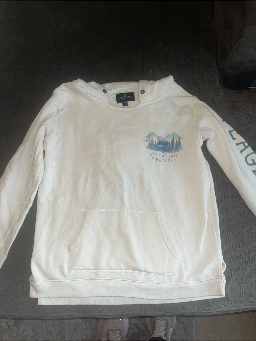 American Eagle Outfitters White Kids Hooded Pajama Top with Blue Sleeve Logo